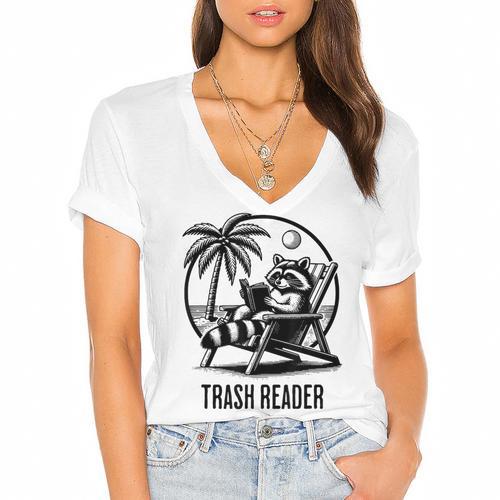 Raccoon Reading Books Summer Humor Trash Reader Women's Jersey Short Sleeve Deep V-Neck Tshirt				 - Bookorys CA