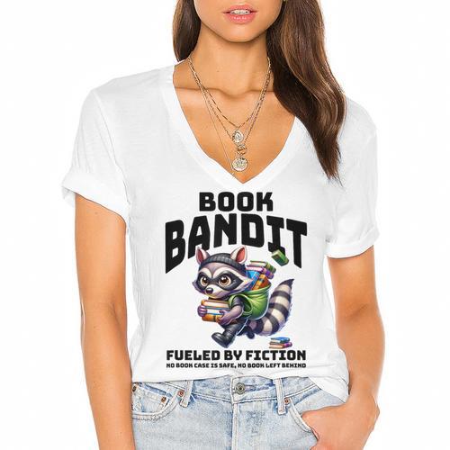 Racoon-Bookworm-Book Bandit-Fueled By Fiction Women's Jersey Short Sleeve Deep V-Neck Tshirt				 - Bookorys UK