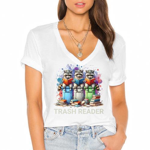 Racoons Trash Reader Book Lover Romantic Novels Premium Women's Jersey Short Sleeve Deep V-Neck Tshirt - Bookorys