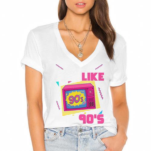 Rad Just Like The 90s 90s Aesthetic Nostalgia 1990s Retro Women's Jersey Short Sleeve Deep V-Neck Tshirt - Figerry