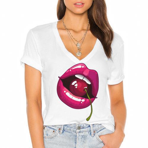 Rainbow Lips With a Cherry In The Mouth 80s Nostalgia Premium Tri-Blend Women's Jersey Short Sleeve Deep V-Neck Tshirt				 - Figerry