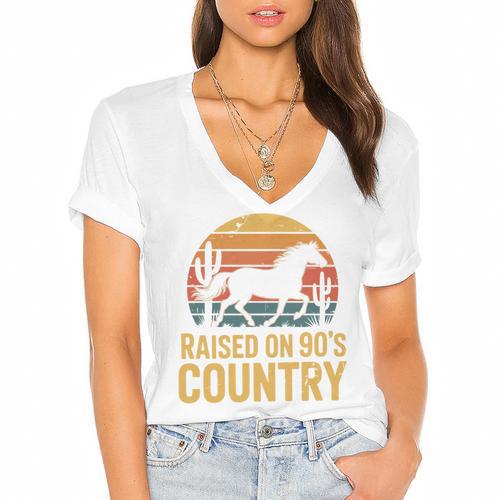 Raised On 90’s Country Horse Retro Nostalgia Western Music Women's Jersey Short Sleeve Deep V-Neck Tshirt - Figerry