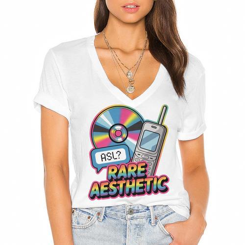 Rare Aesthetic Retro Nostalgia Y2K Vibes Women's Jersey Short Sleeve Deep V-Neck Tshirt				 - Figerry