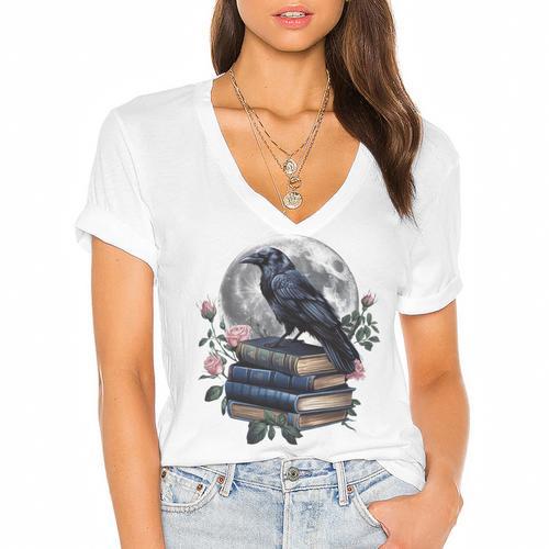 Raven Nature Art Crow Moon Book Cottagecore Botanical Flower Women's Jersey Short Sleeve Deep V-Neck Tshirt				 - Bookorys DE