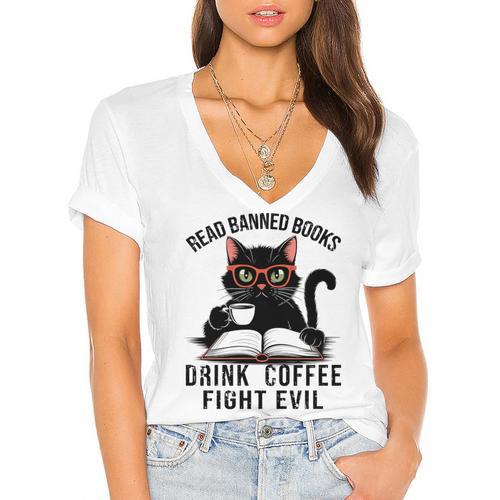 Read Banned Books Drink Coffee Fight Evil Retro Cat Women's Jersey Short Sleeve Deep V-Neck Tshirt				 - Bookorys