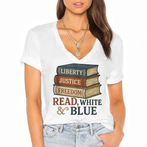 Read Blue Liberty Books July 4th Independence Women's Jersey Short Sleeve Deep V-Neck Tshirt - Bookorys