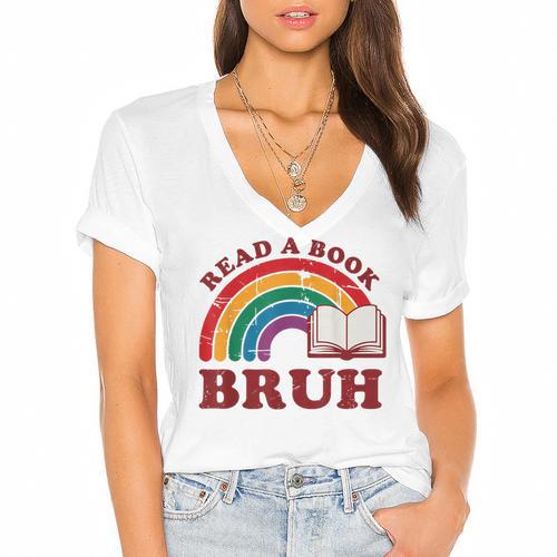 Read A Book Bruh Rainbow Vintage Reading Library Student Women's Jersey Short Sleeve Deep V-Neck Tshirt				 - Bookorys CA
