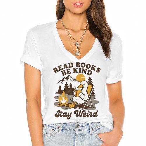 Read Books Be Kind Stay Weird Bookish Silly Goose Reading Women's Jersey Short Sleeve Deep V-Neck Tshirt				 - Bookorys