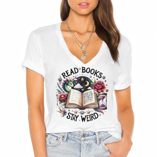 Read Books Be Kind Stay Weird Dragon Book Lover Women's Jersey Short Sleeve Deep V-Neck Tshirt				 - Bookorys DE