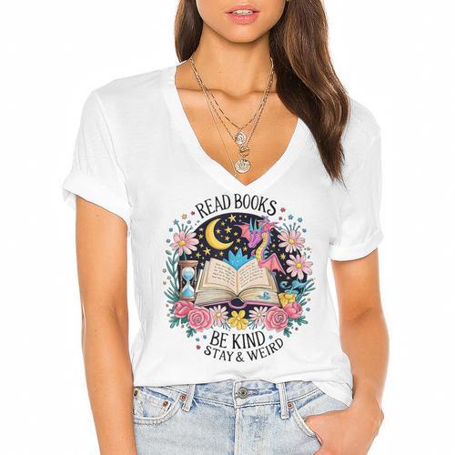 Read Books Be Kind Stay Weird Dragon Women's Jersey Short Sleeve Deep V-Neck Tshirt				 - Bookorys