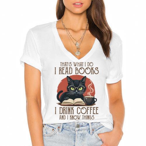 i Read Books And i Know Things Cat Reading Coffee Women's Jersey Short Sleeve Deep V-Neck Tshirt				 - Bookorys