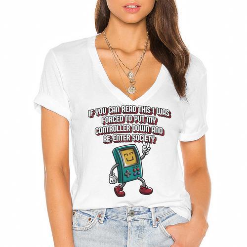If You Can Read This Gamer Humor Gaming Introvert Women's Jersey Short Sleeve Deep V-Neck Tshirt - Raresse