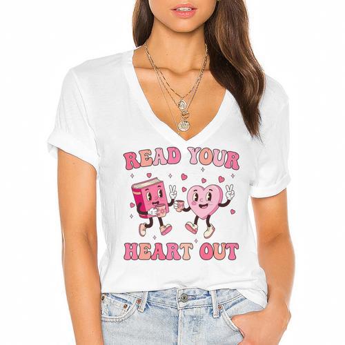 Read Your Heart Out Teacher Valentine Book Women's Jersey Short Sleeve Deep V-Neck Tshirt				 - Bookorys