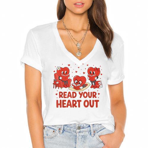 Read Your Heart Out Valentine Teacher Bookworm Lover Women's Jersey Short Sleeve Deep V-Neck Tshirt				 - Bookorys DE
