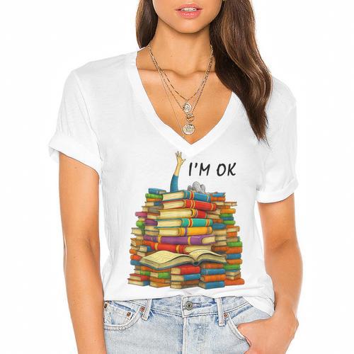 Reading Books Librarian Reader Nerd I'm Ok Teacher School Women's Jersey Short Sleeve Deep V-Neck Tshirt				 - Bookorys