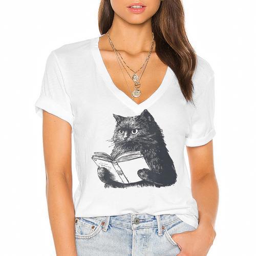 Reading Cat Cat Book Lover Women's Jersey Short Sleeve Deep V-Neck Tshirt				 - Bookorys AU