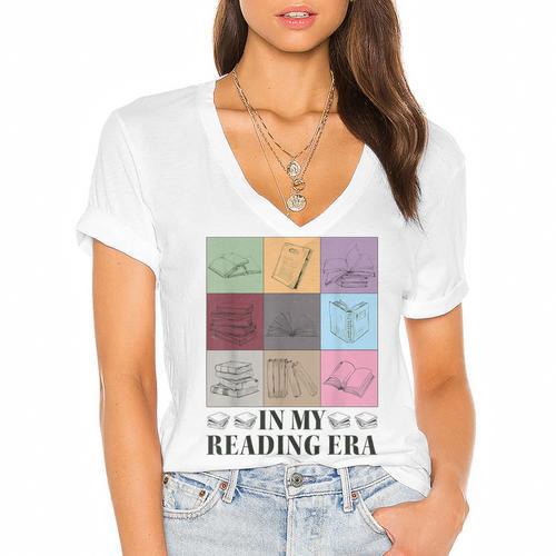 In My Reading Era Bookish Book Lover Book Reader Women's Jersey Short Sleeve Deep V-Neck Tshirt				 - Bookorys