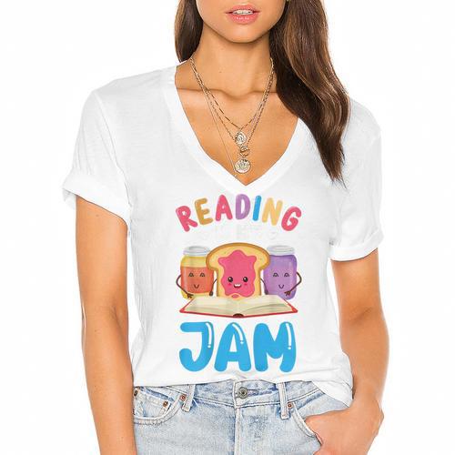 Reading Is My Jam I Love To Read Books Boy Girl Women's Jersey Short Sleeve Deep V-Neck Tshirt - Bookorys CA