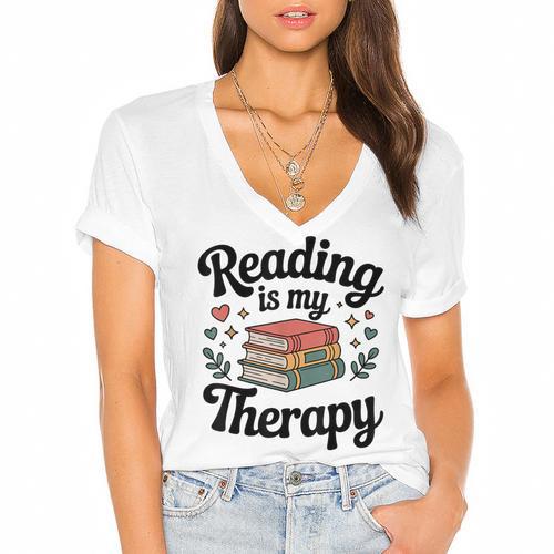 Reading Is My Therapy Book Lover Bookworm Women's Jersey Short Sleeve Deep V-Neck Tshirt				 - Bookorys AU