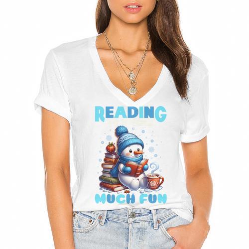 Reading Is Snow Much Fun Christmas Xmas Book Reading Women's Jersey Short Sleeve Deep V-Neck Tshirt				 - Bookorys DE