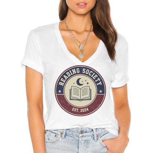 Reading Society Est 2024 Vintage Book Club Women's Jersey Short Sleeve Deep V-Neck Tshirt				 - Bookorys AU