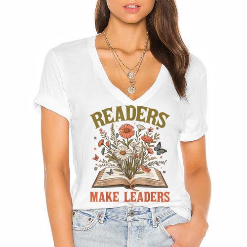 Reading Squad Book Lover Bookish Floral Readers Make Leaders Women's Jersey Short Sleeve Deep V-Neck Tshirt - Bookorys UK