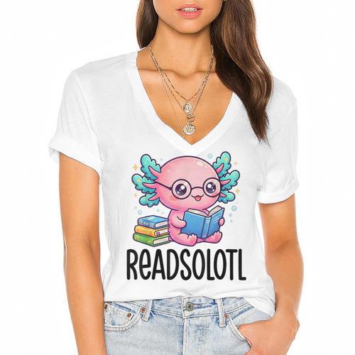 Readsolotl Cute Axolotl Reading Book Kawaii Pink Aesthetic Women's Jersey Short Sleeve Deep V-Neck Tshirt				 - Bookorys DE