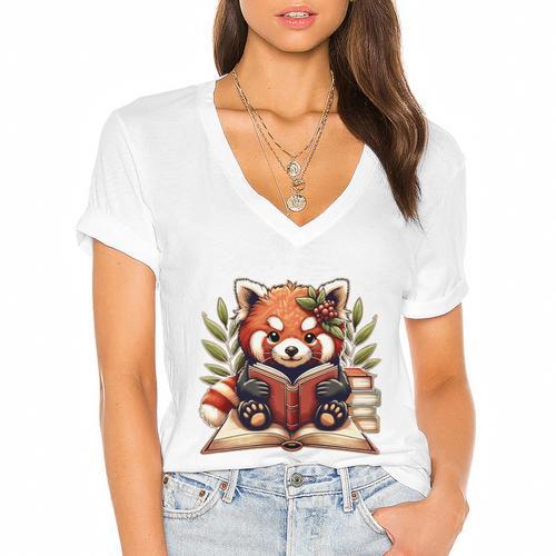 Red Panda Reading Books Pandas Cottagecore Aesthetic Kids Women's Jersey Short Sleeve Deep V-Neck Tshirt				 - Bookorys CA