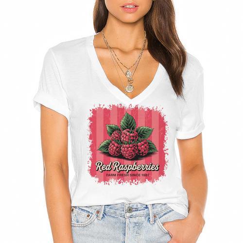 Red Raspberries Farm Fresh Since 1987 Nostalgia Women's Jersey Short Sleeve Deep V-Neck Tshirt				 - Figerry