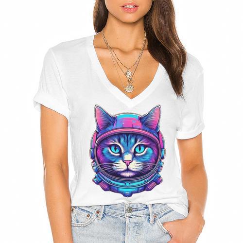 Retro 80s Cat In Space Suit Nostalgia Cat Vintage Astronaut Women's Jersey Short Sleeve Deep V-Neck Tshirt				 - Figerry