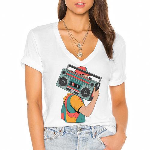 Retro 90s Boombox Nostalgia Party For Music Lovers Men Women Women's Jersey Short Sleeve Deep V-Neck Tshirt				 - Figerry