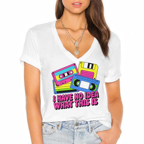 Retro Cassette Vintage 80s Nostalgia Women's Jersey Short Sleeve Deep V-Neck Tshirt - Figerry
