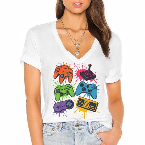 Retro Gamer Controller 80s 90s Video Game Arcade Nostalgia Women's Jersey Short Sleeve Deep V-Neck Tshirt - Figerry