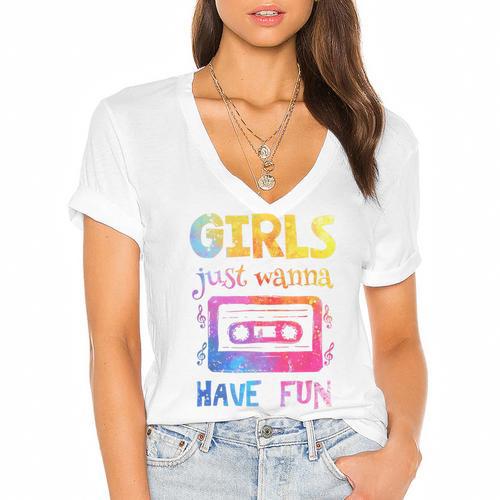 Retro Girls Just Wanna Have Fun Nostalgia 1980s 80's Premium Tri-Blend Women's Jersey Short Sleeve Deep V-Neck Tshirt - Figerry