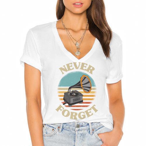Retro Grammophone Never Forget Nostalgia Vintage Women's Jersey Short Sleeve Deep V-Neck Tshirt - Figerry