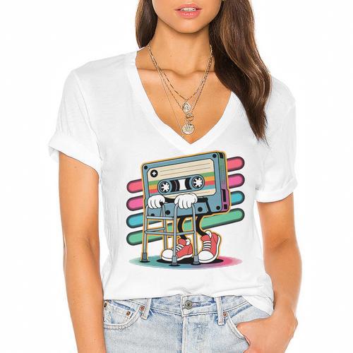 Retro Old Cassette Tape Cartoon With Walker Nostalgia Premium Tri-Blend Women's Jersey Short Sleeve Deep V-Neck Tshirt				 - Figerry