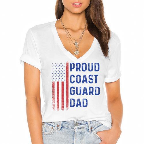 Retro Proud Coast Guard Dad Graduation Dad Usa Flag Outfit Women's Jersey Short Sleeve Deep V-Neck Tshirt - Best Gift Smart