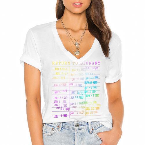 Return To Library Card Book Due Date Bookish Rainbow Reading Women's Jersey Short Sleeve Deep V-Neck Tshirt				 - Bookorys CA
