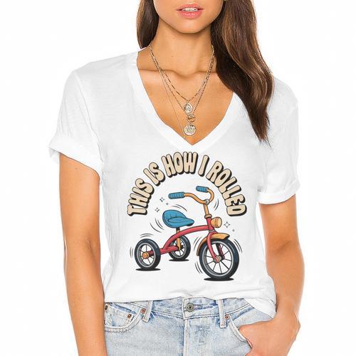 This How I Rolled Retro Tricycle 80s 90s Kid Nostalgia Women's Jersey Short Sleeve Deep V-Neck Tshirt				 - Figerry