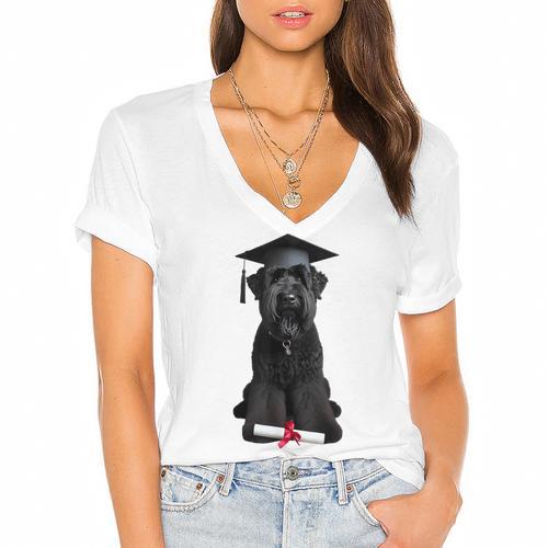 Russian Terrier Dog Graduation Cap Graduate Owner Grad Women's Jersey Short Sleeve Deep V-Neck Tshirt				 - Best Gift Smart