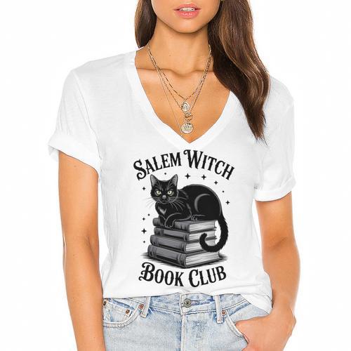 Salem Witch Book Club Bookish Halloween Cat Women Women's Jersey Short Sleeve Deep V-Neck Tshirt				 - Bookorys AU