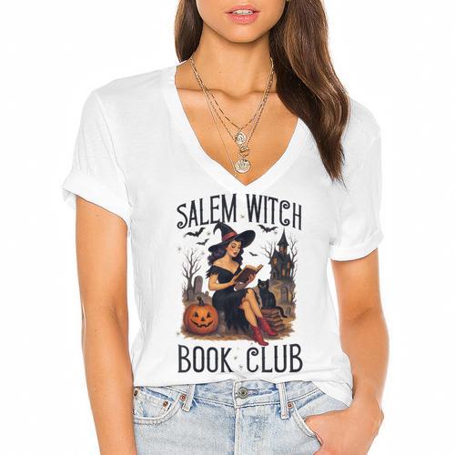 Salem Witch Book Club Bookish Retro Halloween Cat Women's Jersey Short Sleeve Deep V-Neck Tshirt				 - Bookorys UK