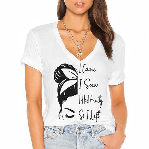 I Came I Saw I Had Anxiety So I Left Messy Bun Introvert Women's Jersey Short Sleeve Deep V-Neck Tshirt - Raresse