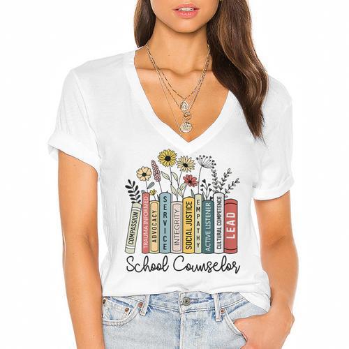 School Counselor Wildflower Book School Counseling Life Women's Jersey Short Sleeve Deep V-Neck Tshirt				 - Bookorys