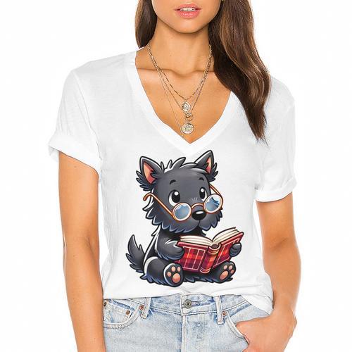 Scottish Terrier Reading a Book Dog Women's Jersey Short Sleeve Deep V-Neck Tshirt				 - Bookorys AU