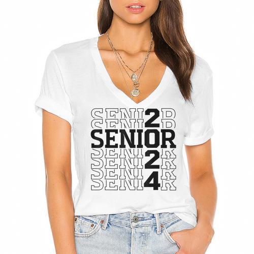 Senior 2024 Class Of 2024 Graduation 2024 Women Boy Girl Women's Jersey Short Sleeve Deep V-Neck Tshirt				 - Best Gift Smart