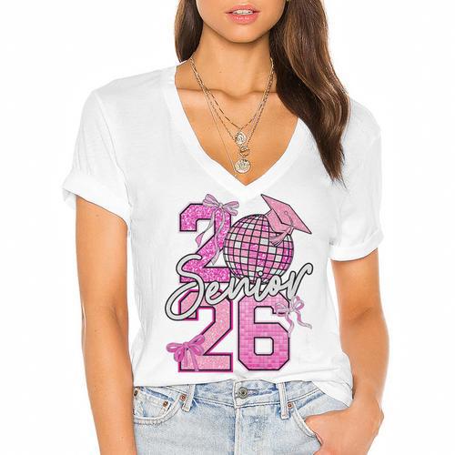 Senior 2026 Graduation Girls Coquette Pink Bow Class Of 2026 Premium Women's Jersey Short Sleeve Deep V-Neck Tshirt				 - Best Gift Smart