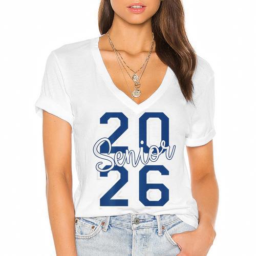 Senior 2026 Graduation Varsity Navy Blue On The Back Women's Jersey Short Sleeve Deep V-Neck Tshirt				 - Best Gift Smart