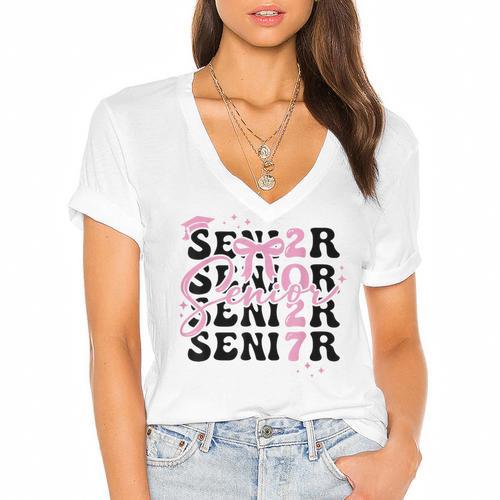Senior 2027 Class Of 2027 Coquette Pink Bow Graduation 2027 Women's Jersey Short Sleeve Deep V-Neck Tshirt				 - Best Gift Smart
