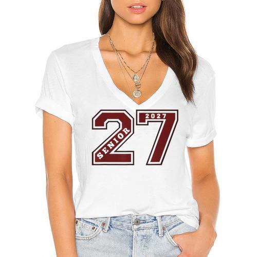Senior 2027 Maroon Senior Class Of 27 Jersey Graduation Women's Jersey Short Sleeve Deep V-Neck Tshirt				 - Best Gift Smart